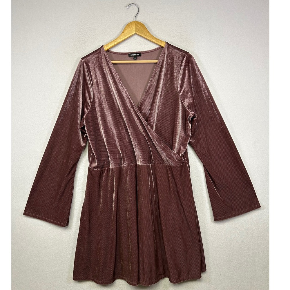Holiday Party Express Womens XL Mauve Ribbed Velvet Wrap Bell Sleeve Mini Dress